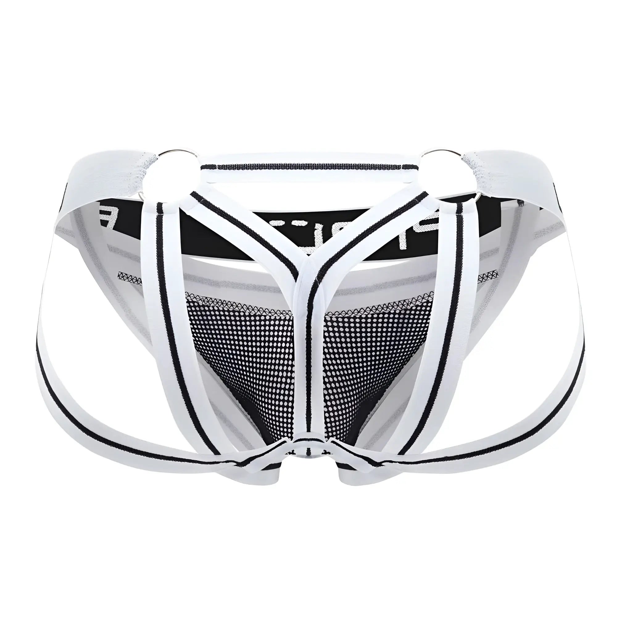 Ppu 2305 mesh jockstrap in white featuring black mesh athletic briefs with a supportive strappy design