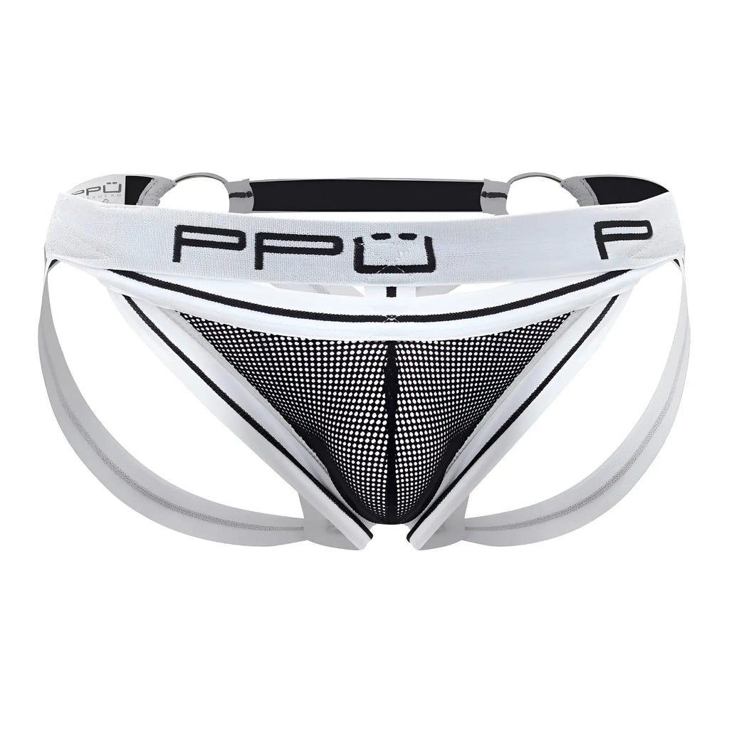 White and black mesh briefs with branded waistband showing front view from ppu 2305 mesh jockstrap color white