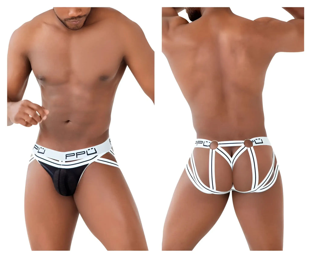 Ppu 2305 mesh jockstrap in white with black and white striped briefs and mesh front panel with branded waistband
