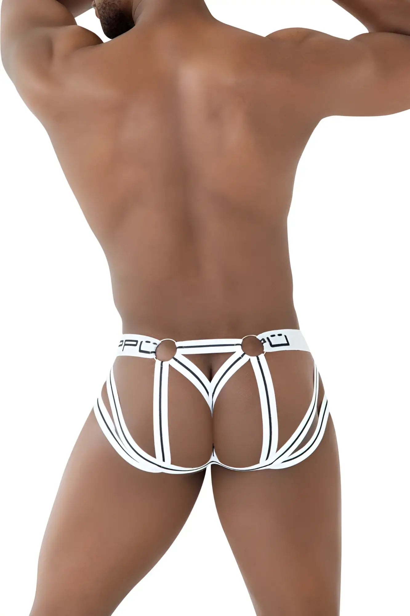 Back side of white PPU 2305 mesh jockstrap with black and white stripes and a central back panel design