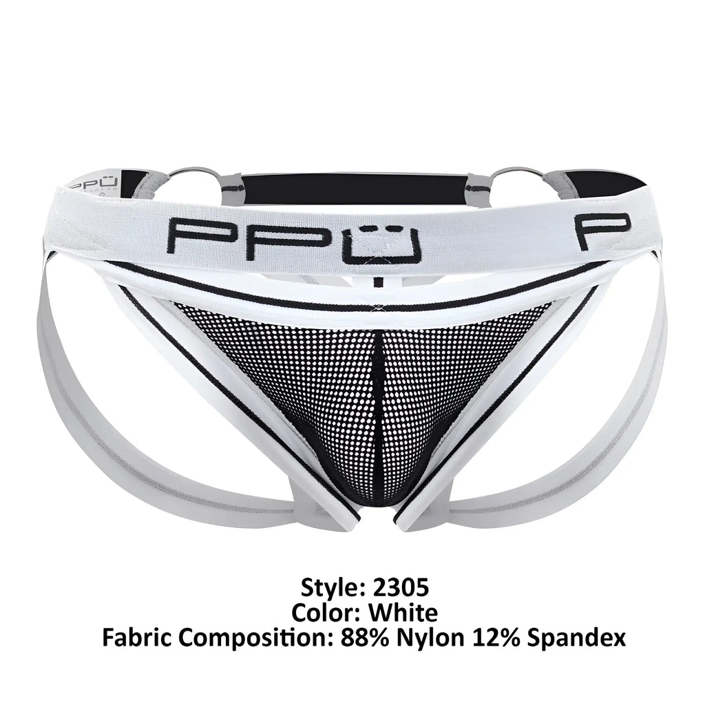 White ppu 2305 mesh jockstrap men’s briefs with black mesh panel and white elastic waistband front view