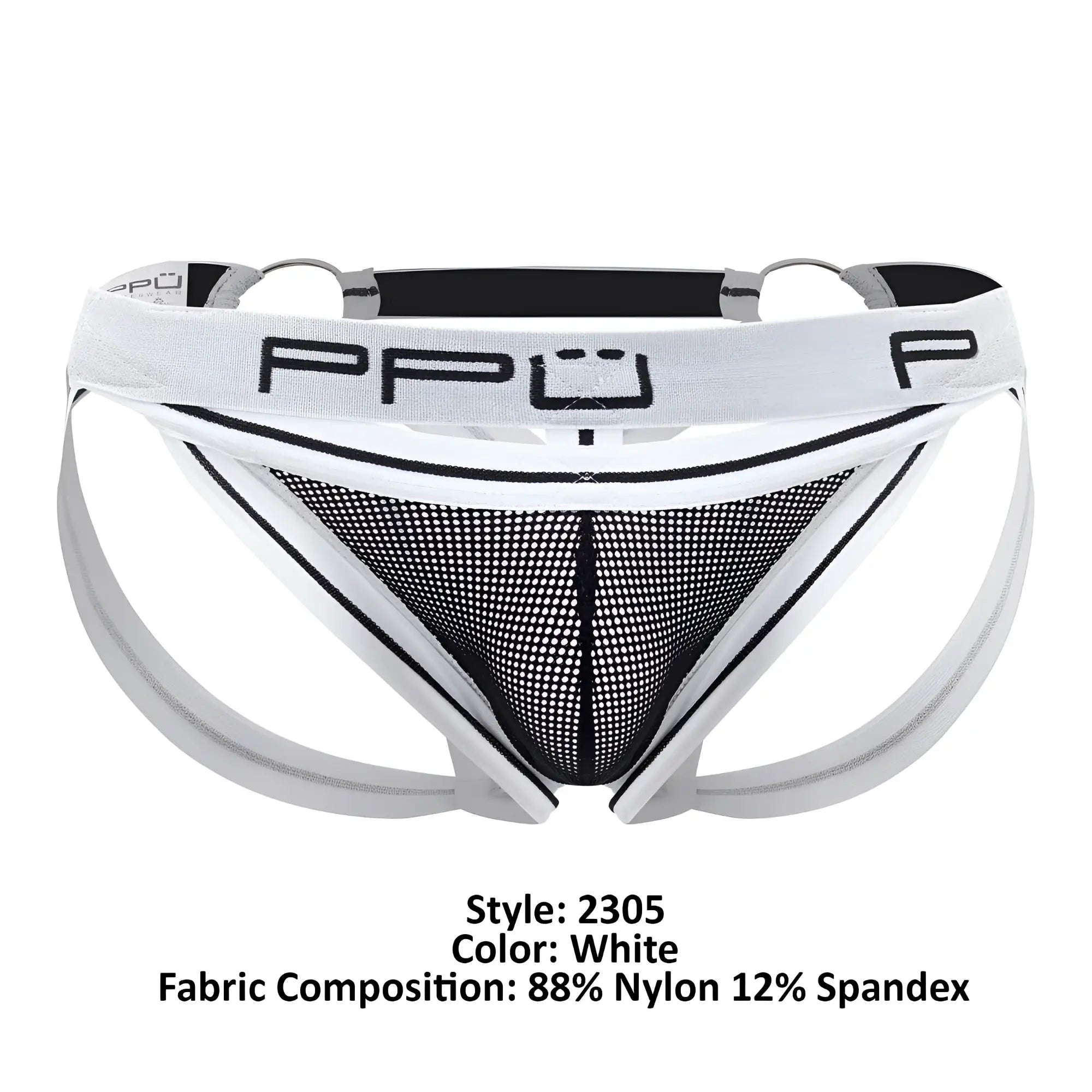 White ppu 2305 mesh jockstrap men’s briefs with black mesh panel and white elastic waistband front view