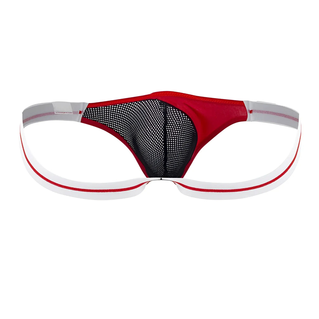 Ppu 2306 thong in red with black mesh fabric and white elastic waistband shown from the front side