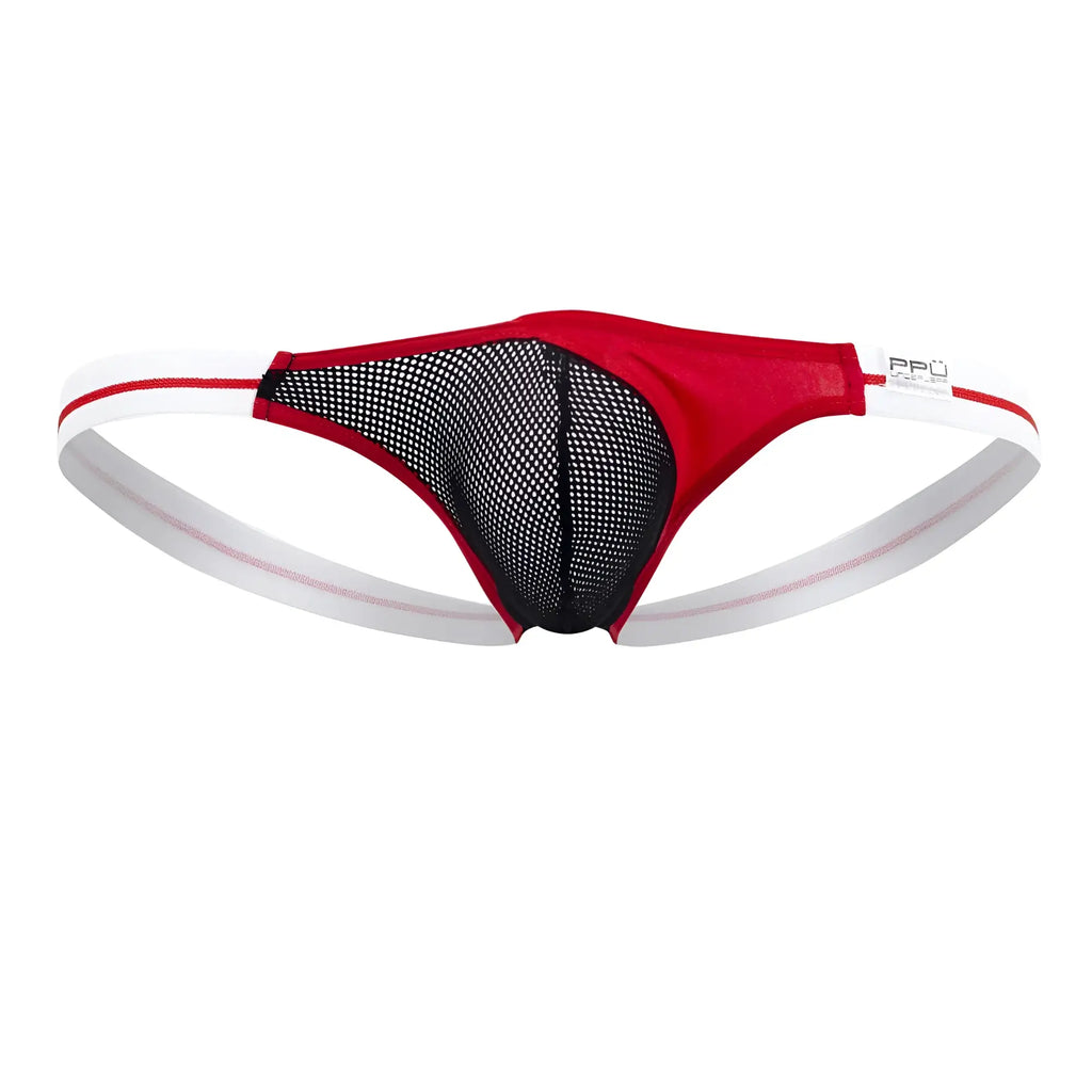 Red and black mesh thong with white elastic waistband and branded label on the side for PPU 2306 collection