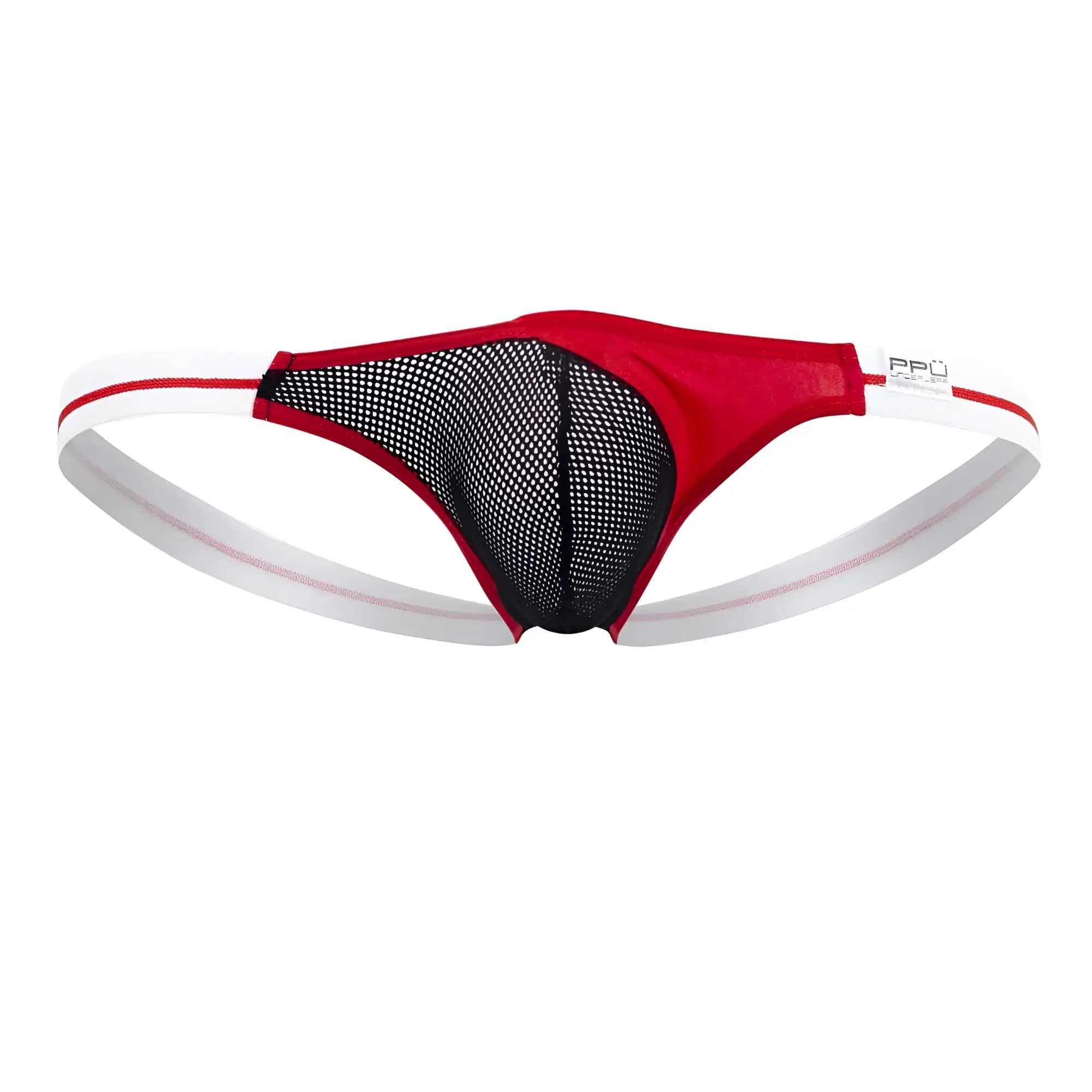Red and black mesh thong with white elastic waistband and branded label on the side for PPU 2306 collection