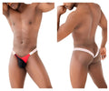 Ppu 2306 red thong or jockstrap featuring red and black fabric with white trim shown from the back side