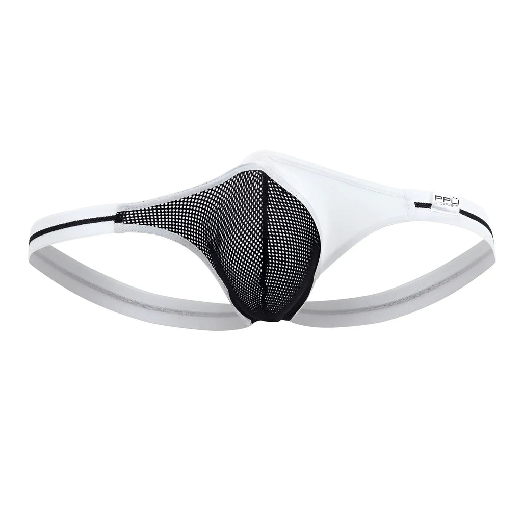 Ppu 2306 thong in white featuring black and white mesh with a sleek modern design shown from the back side