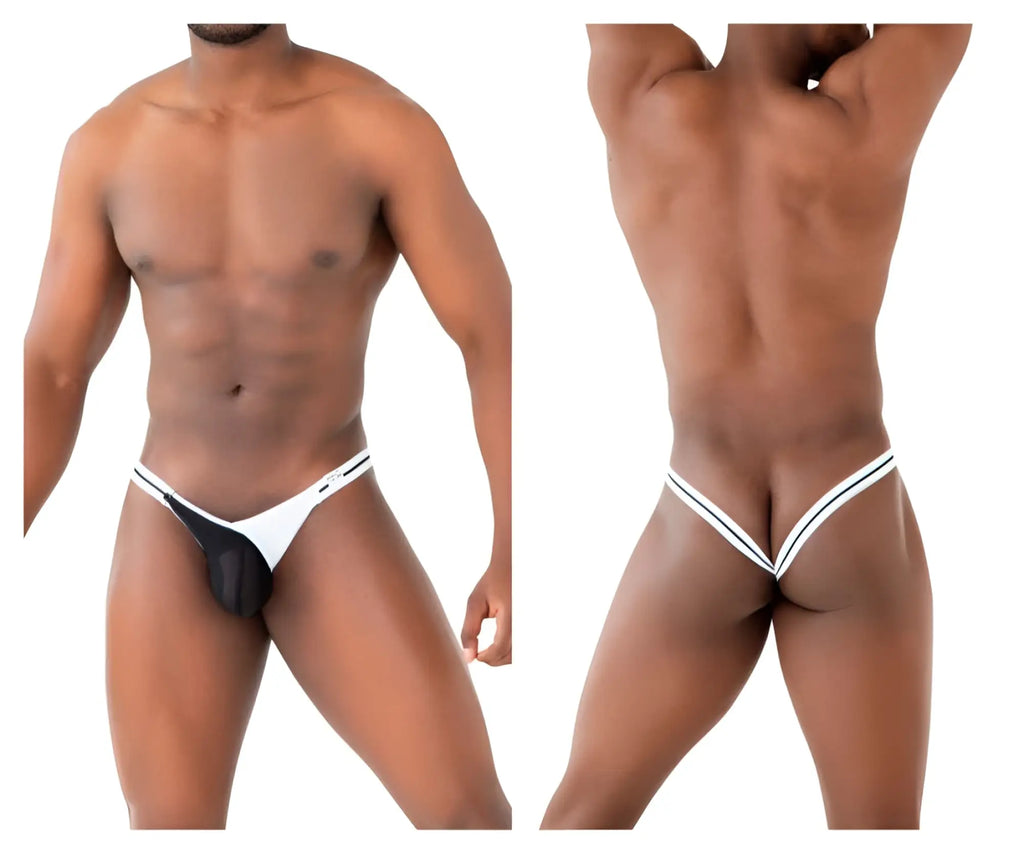 Ppu 2306 thong in white featuring black mesh fabric with thin white trim for a stylish and breathable fit