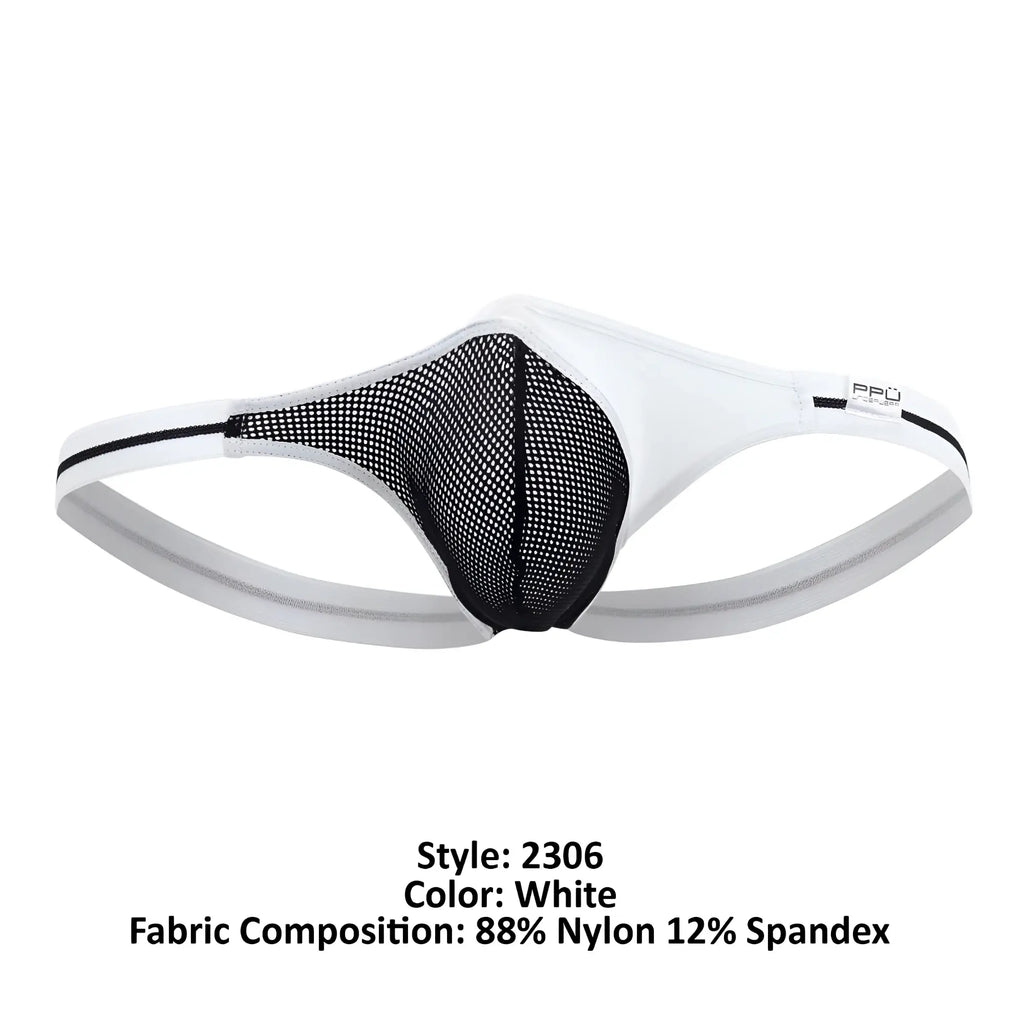 White ppu 2306 thong with black mesh panel and gray elastic waistband featuring the ppu brand logo