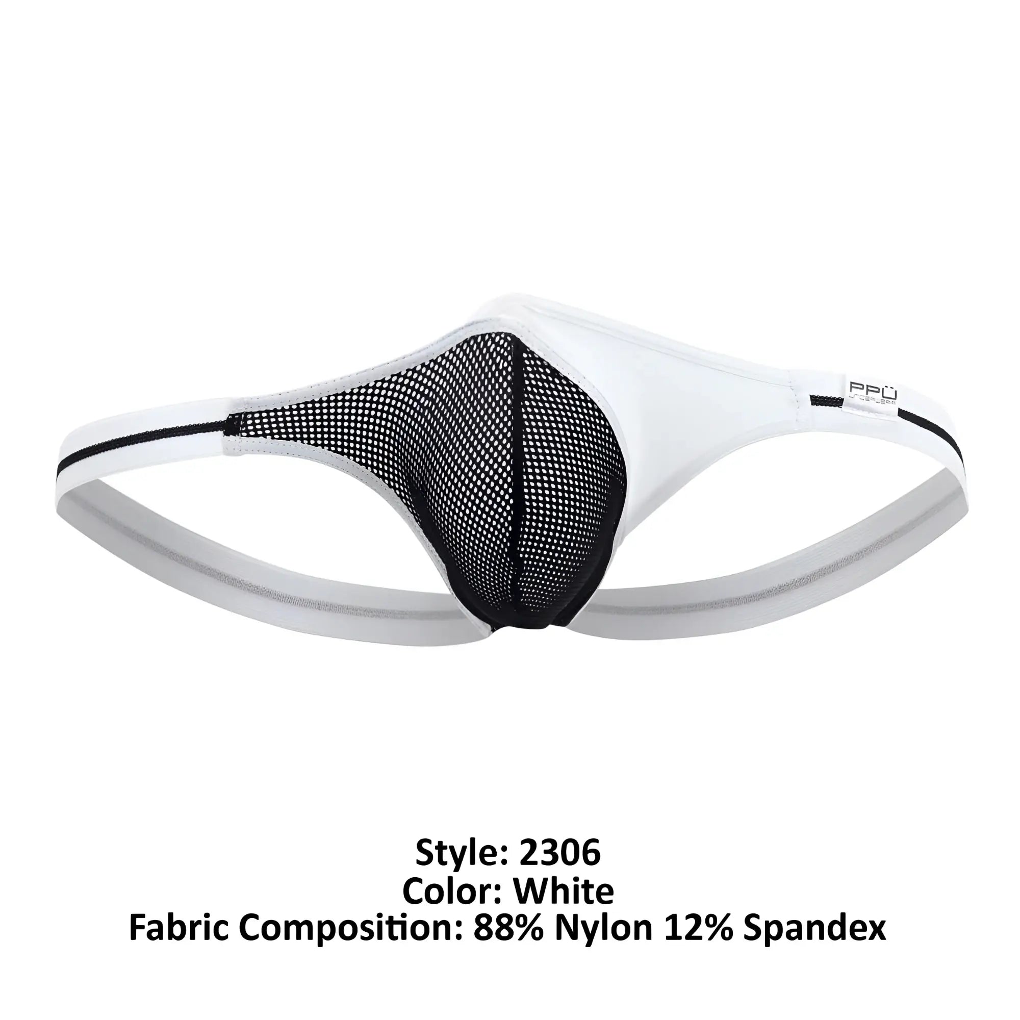 White ppu 2306 thong with black mesh panel and gray elastic waistband featuring the ppu brand logo