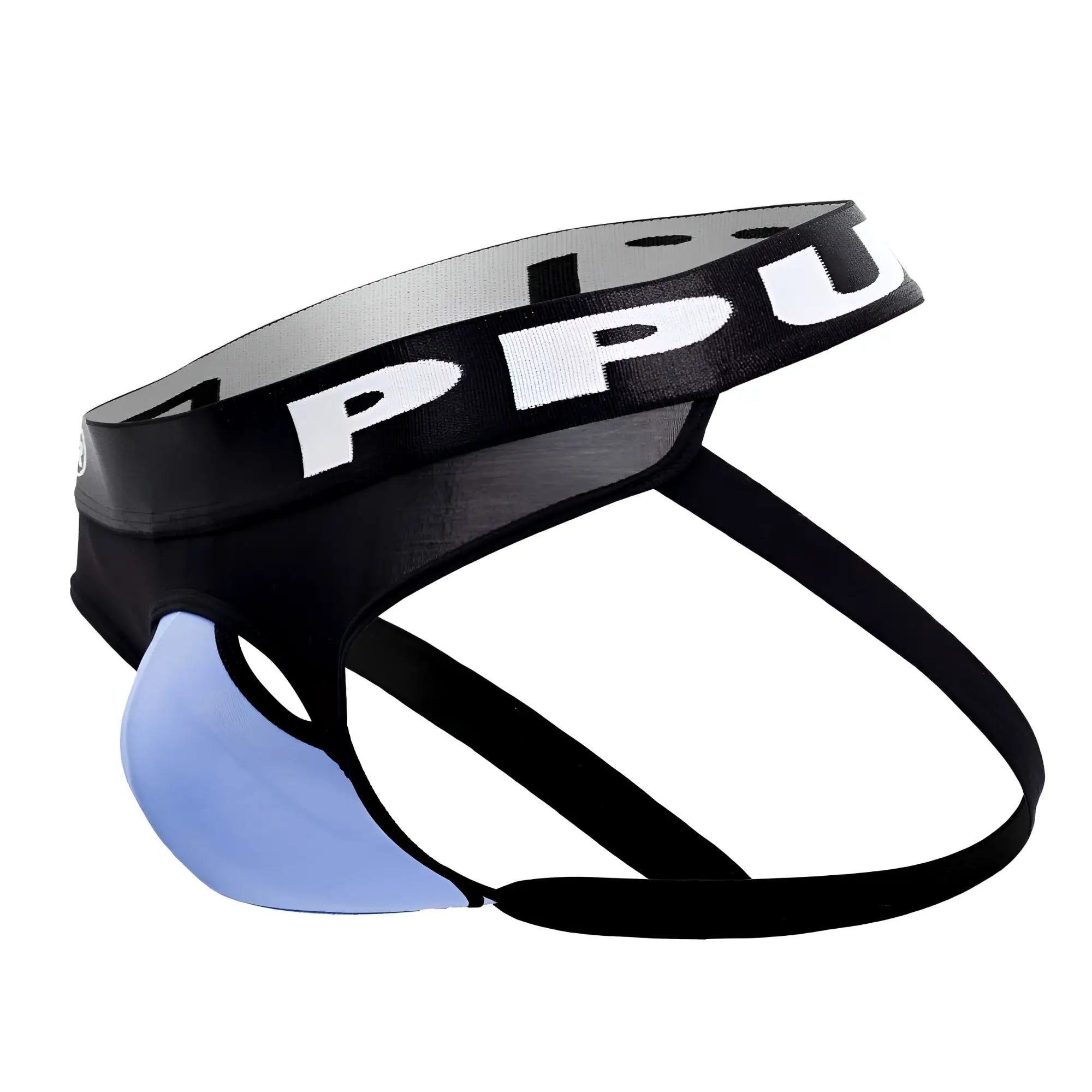 Black and light blue ppu 2307 ball lifter jockstrap with bold white logo on waistband and supportive athletic design