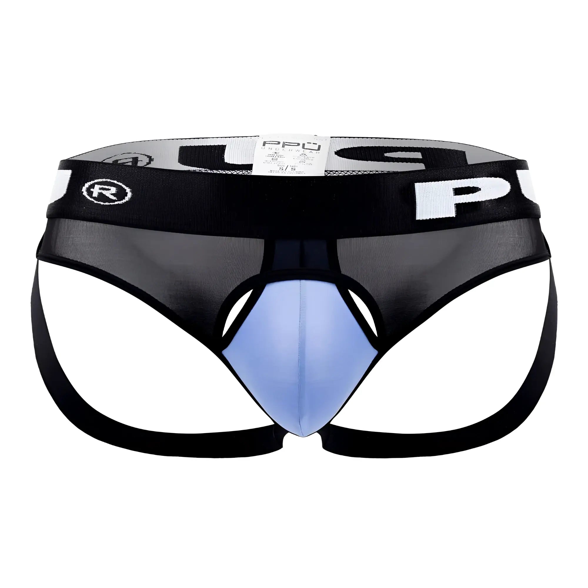 Black and light blue mesh ball lifter jockstrap with bold pro logo waistband ppu 2307 for support and lift