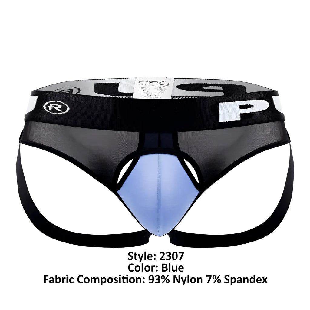 Ppu 2307 ball lifter jockstrap in blue nylon and spandex with black mesh and white branded waistband