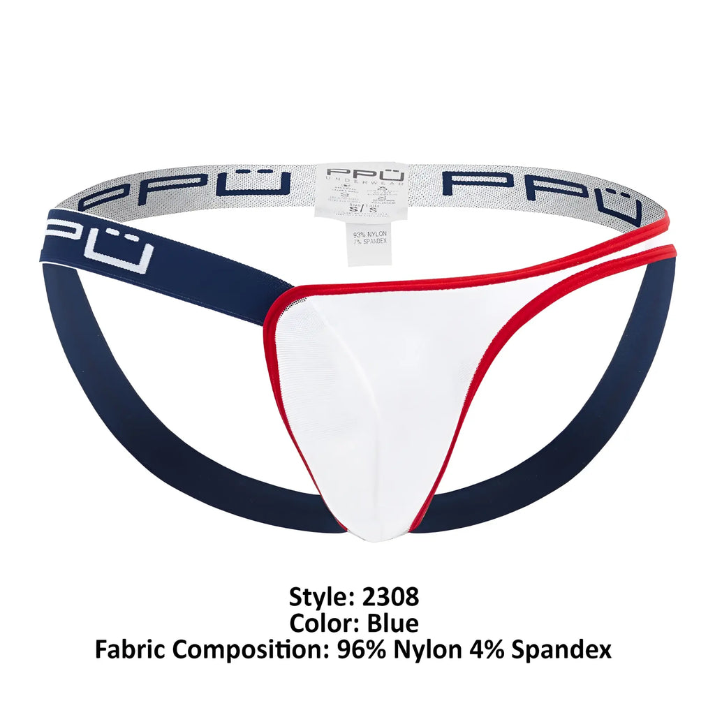 Ppu 2308 one side mesh jockstrap in blue with white briefs and red trim featuring branded elastic waistband