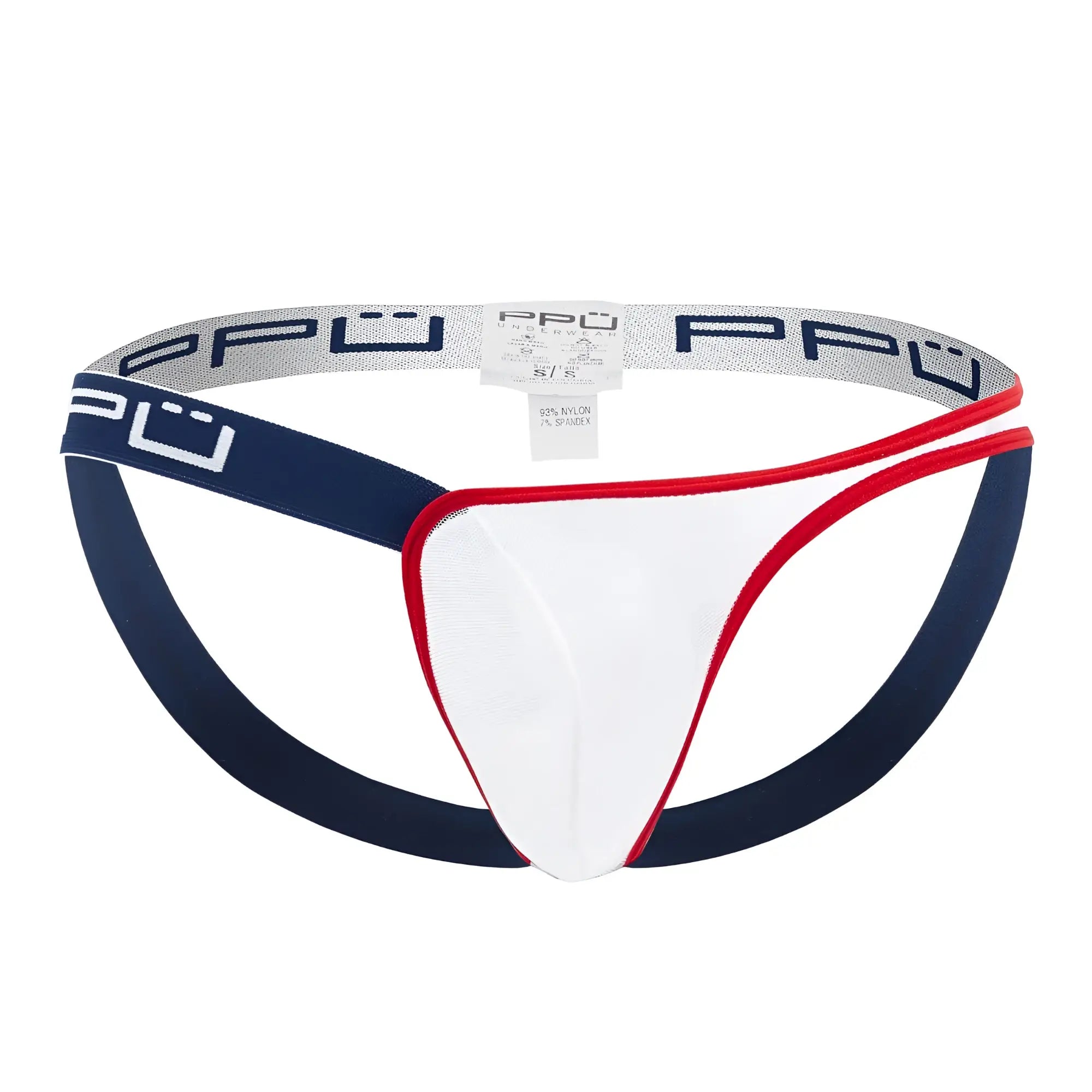 White navy blue and red men’s briefs with branded elastic waistband in ppu 2308 one side mesh jockstrap color blue