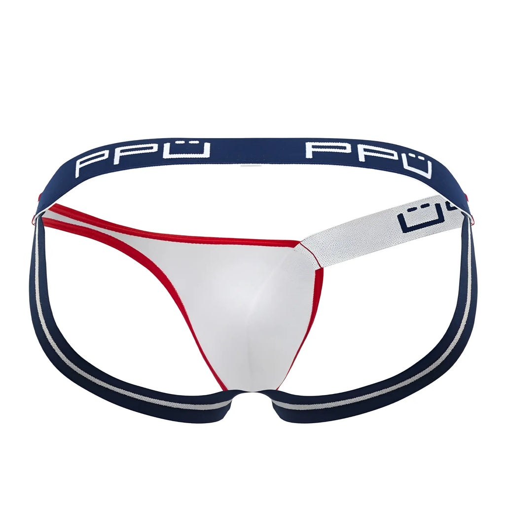 Ppu 2308 one side mesh jockstrap in white red and navy blue with a textured waistband shown from the back