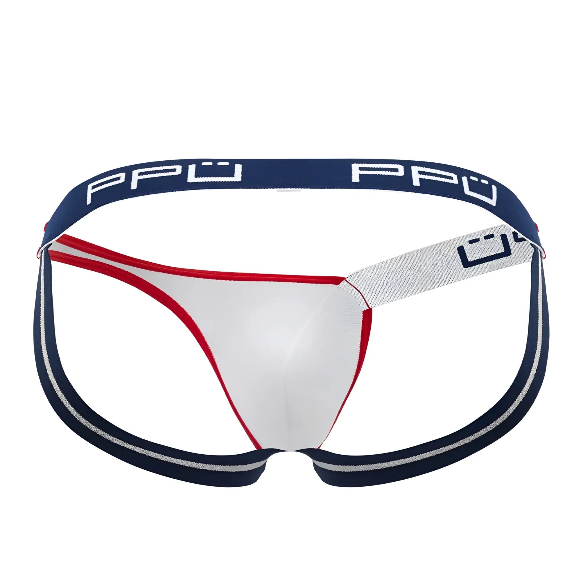 Ppu 2308 one side mesh jockstrap in white red and navy blue with a textured waistband shown from the back