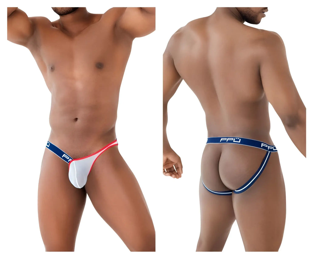 White and red thong with blue elastic ppu branded waistband from ppu 2308 one side mesh jockstrap color blue