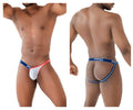 White and red thong with blue elastic ppu branded waistband from ppu 2308 one side mesh jockstrap color blue