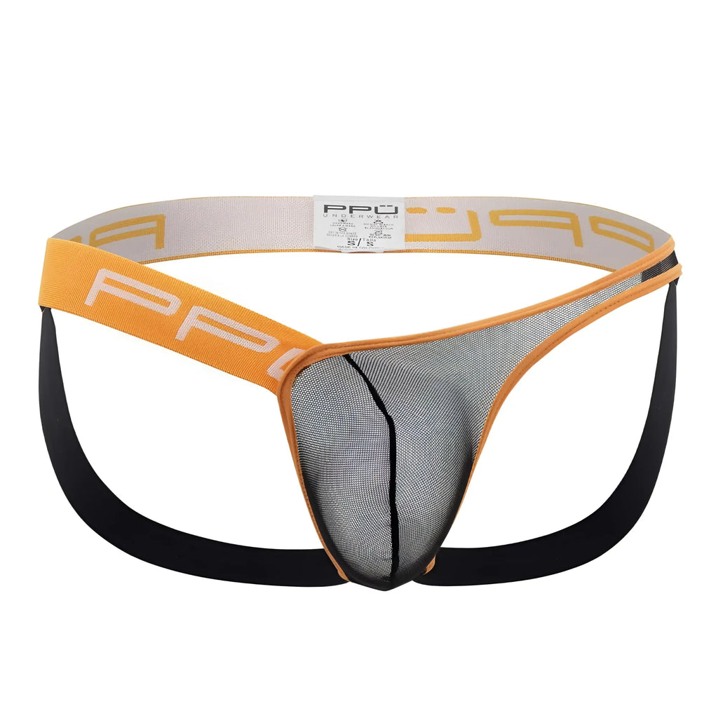 Orange and black mesh one side mesh jockstrap with branded elastic waistband ppu 2308 in front view