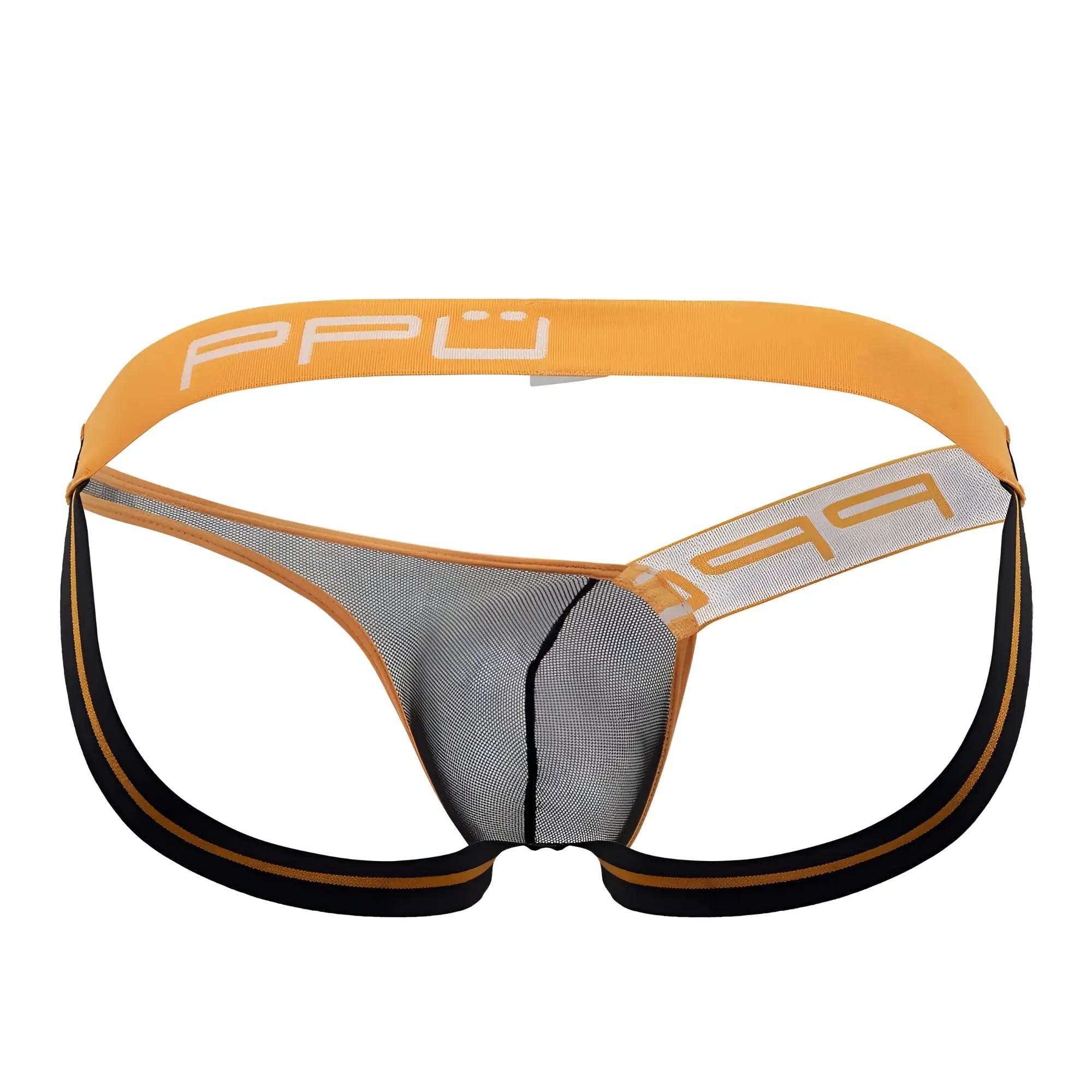 Orange and black mesh briefs with white ppu logo on waistband from ppu 2308 one side mesh jockstrap color orange