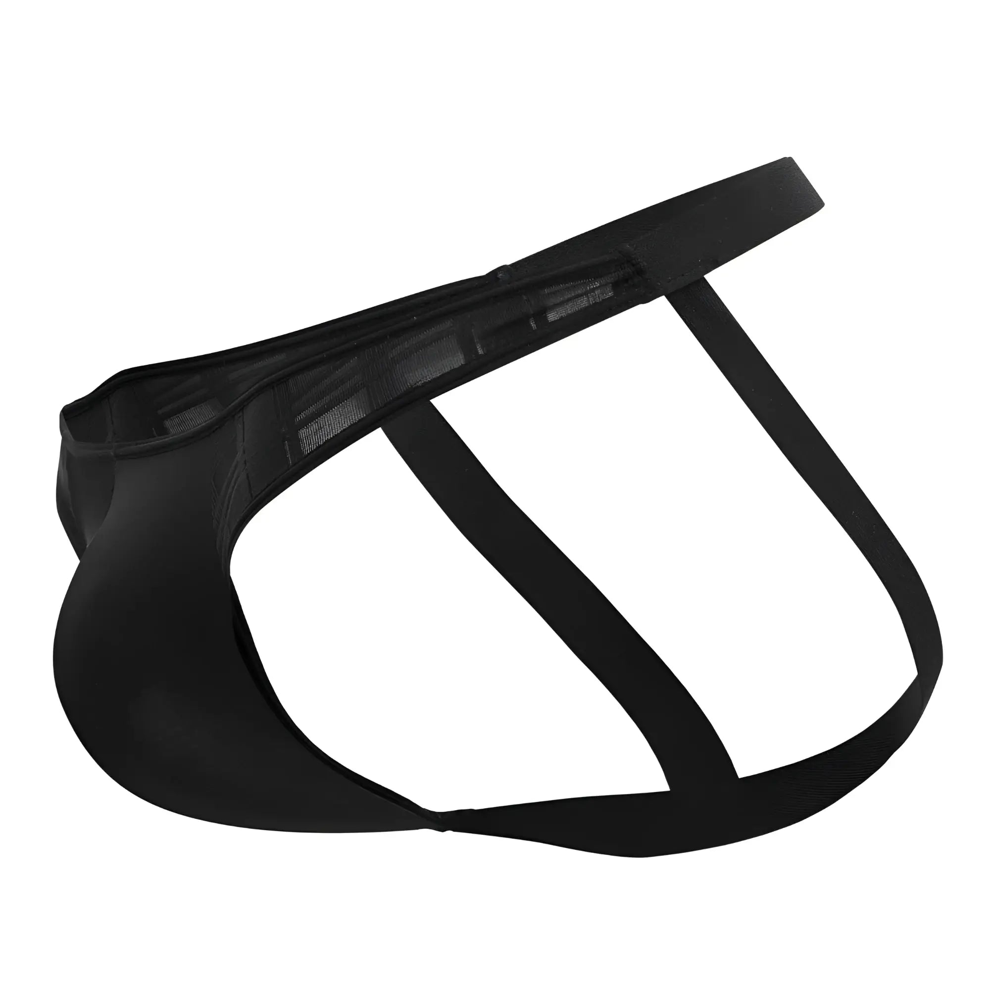 Ppu 2309 microfiber jockstrap in black featuring black mesh briefs with solid waistband and supportive straps
