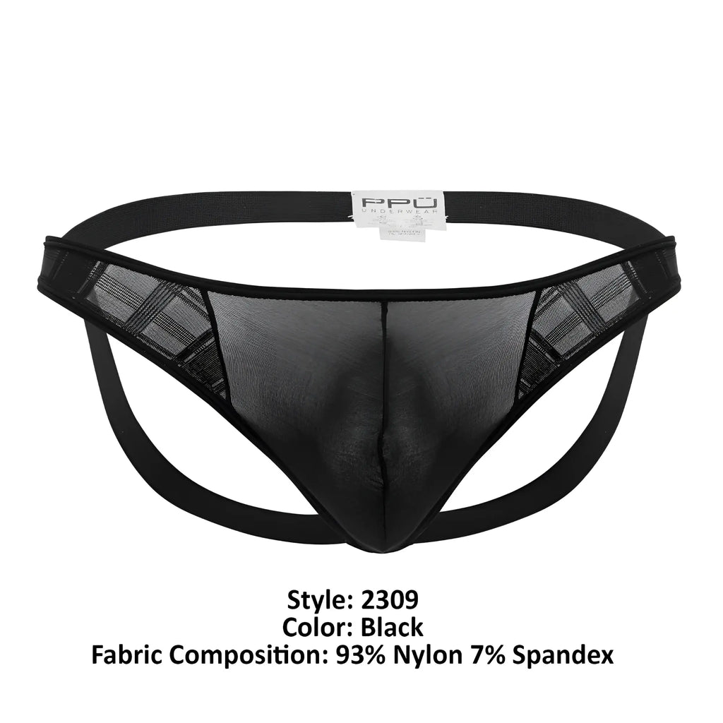 Black mesh microfiber jockstrap with plaid sheer fabric and solid black elastic waistband and leg straps ppu 2309