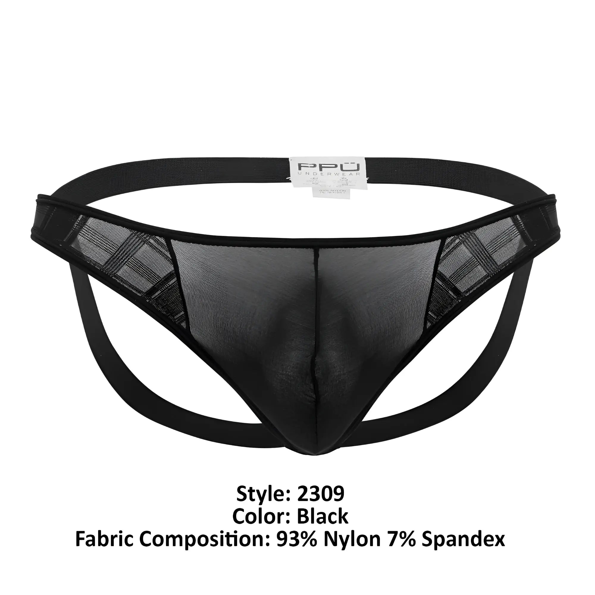 Black mesh microfiber jockstrap with plaid sheer fabric and solid black elastic waistband and leg straps ppu 2309