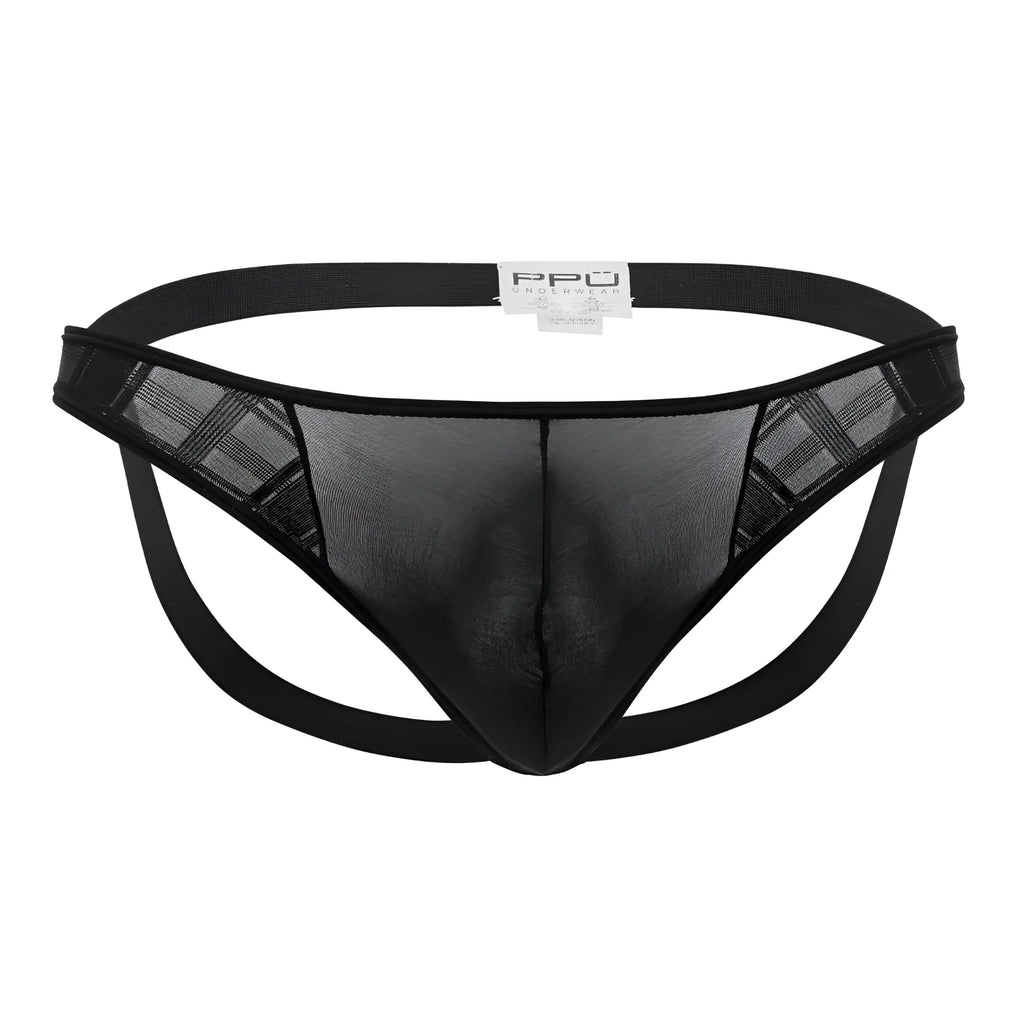 Black mesh microfiber thong jockstrap with solid elastic waistband and subtle plaid side panels in black color
