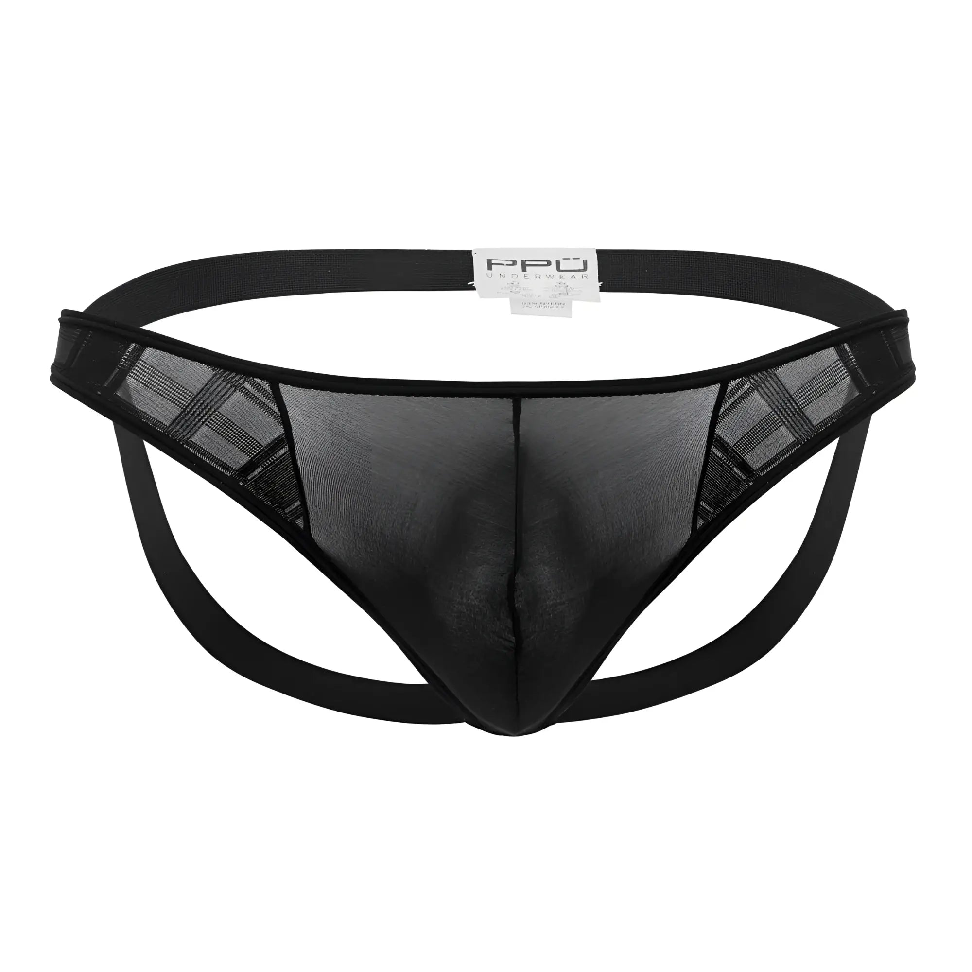 Black mesh microfiber thong jockstrap with solid elastic waistband and subtle plaid side panels in black color