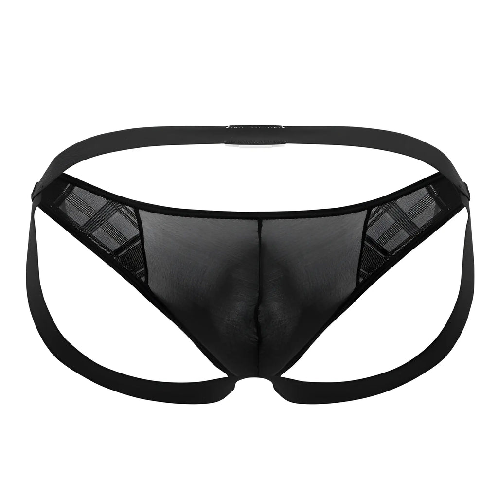Black sheer mesh microfiber jockstrap with plaid sides and solid black elastic waistband showing back side