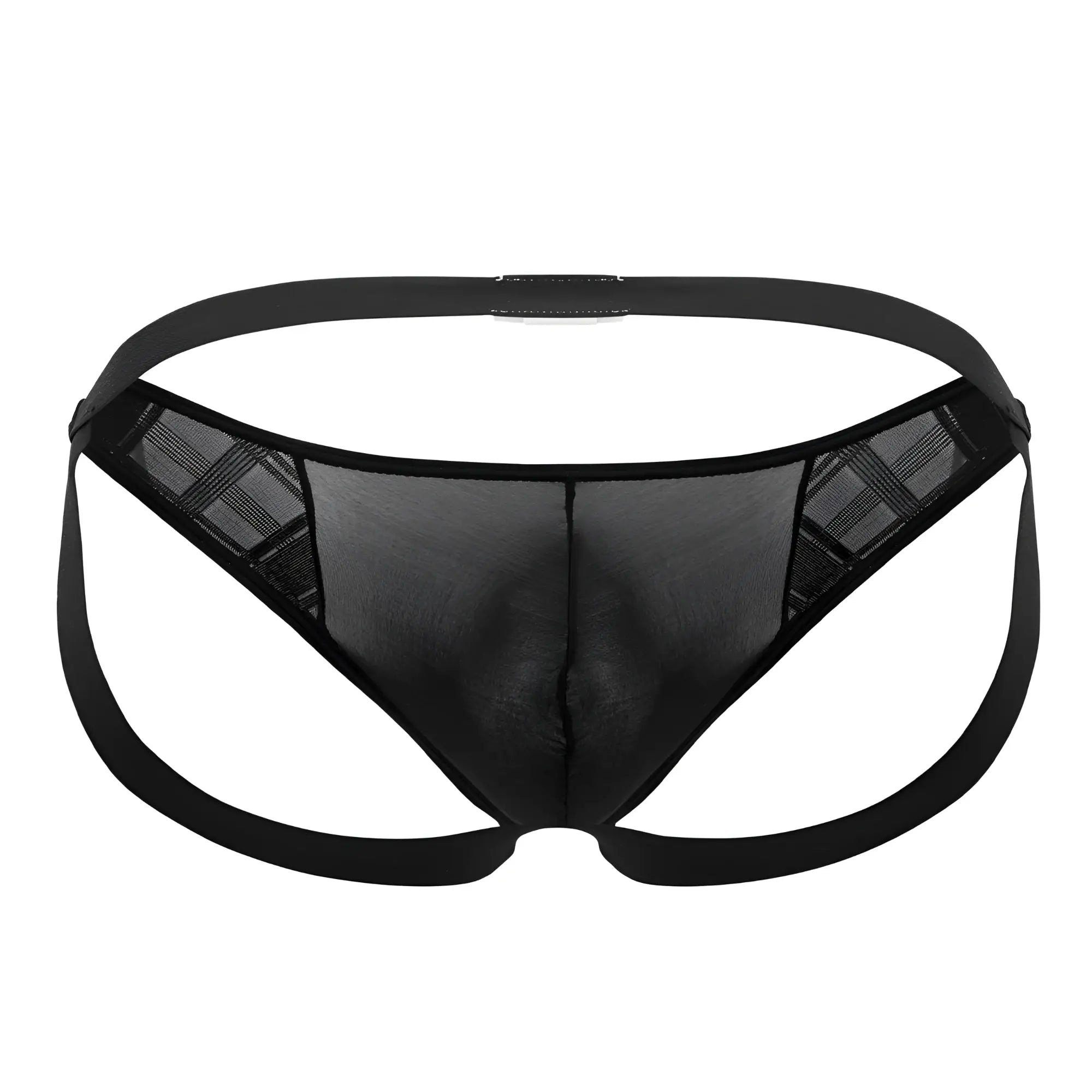 Black sheer mesh microfiber jockstrap with plaid sides and solid black elastic waistband showing back side