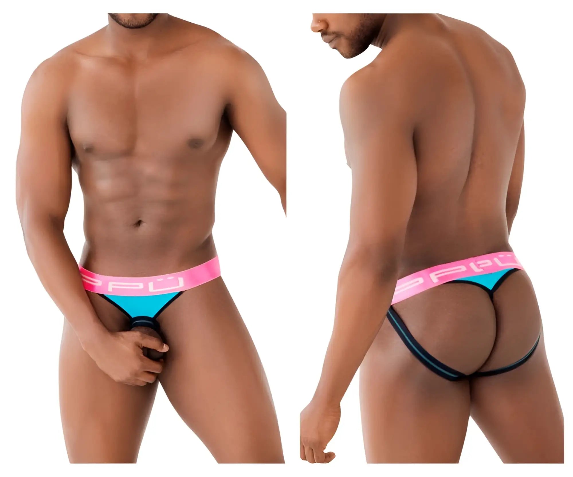 Bright pink and turquoise blue ppu 2310 ball lifter and thong jockstrap with black trim and spu logo on waistband