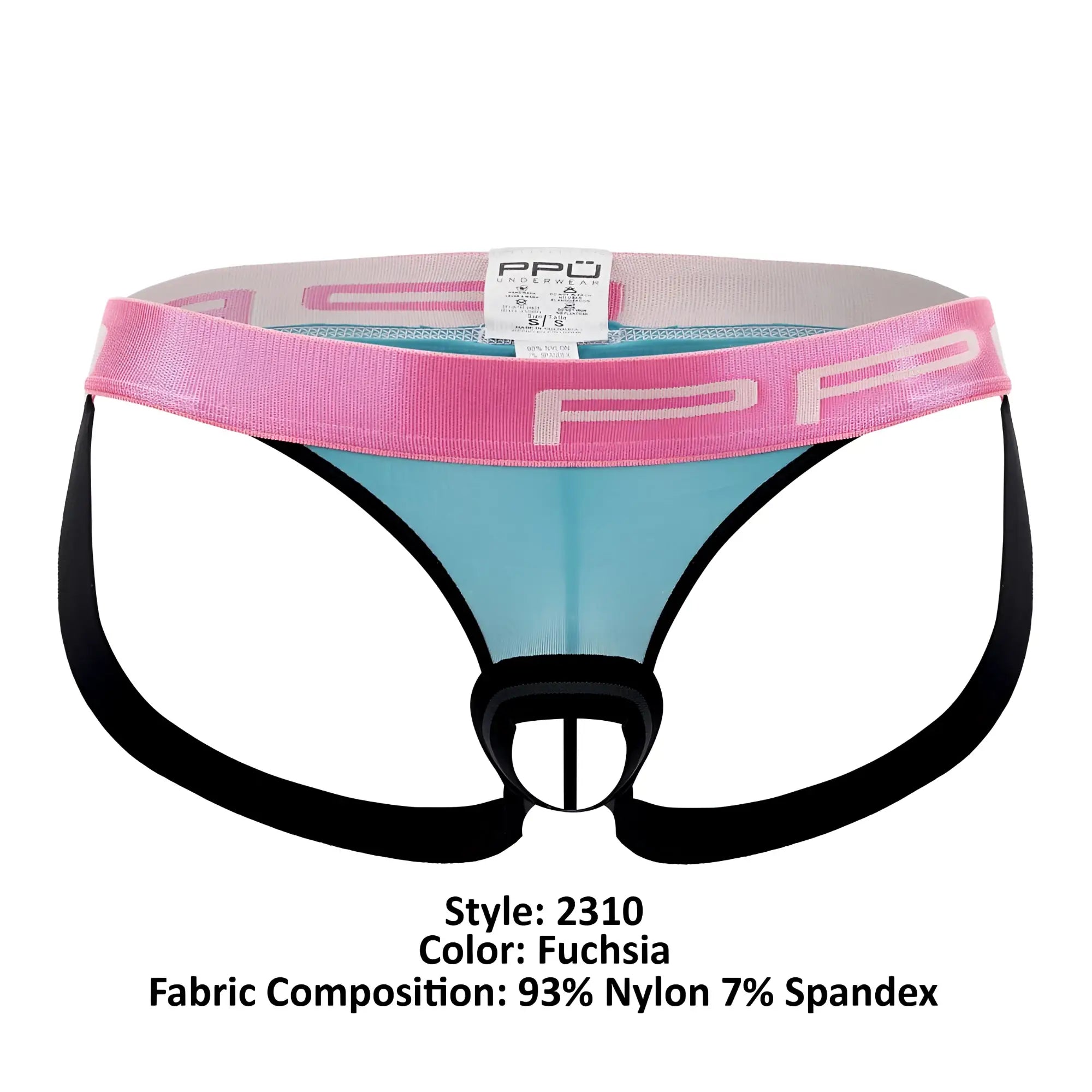 Fuchsia men’s ball lifter and thong jockstrap briefs with pink waistband white pp branding and black side straps