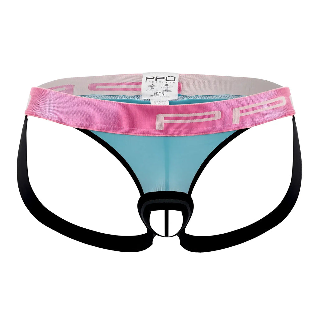 Ppu 2310 ball lifter and thong jockstrap in pink and light blue with black side straps and branded waistband