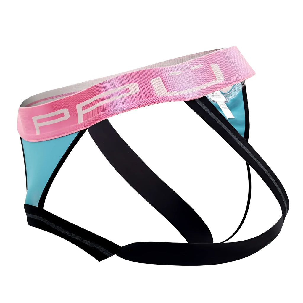 Pink and teal fuchsia ball lifter thong jockstrap with black straps and branded waistband showing front side