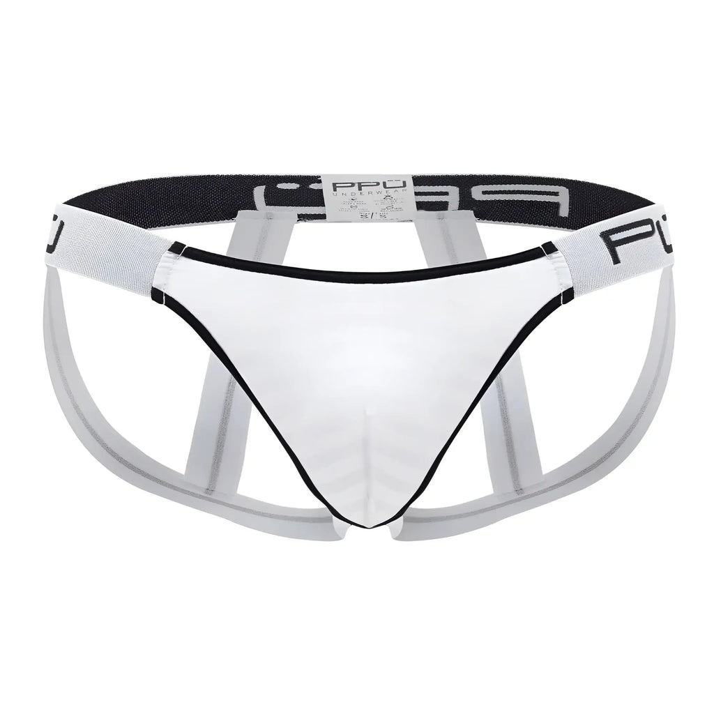 Clear transparent men’s microfiber briefs with black trim and white ppu logo waistband in white color ppu 2311 microfiber jockstrap