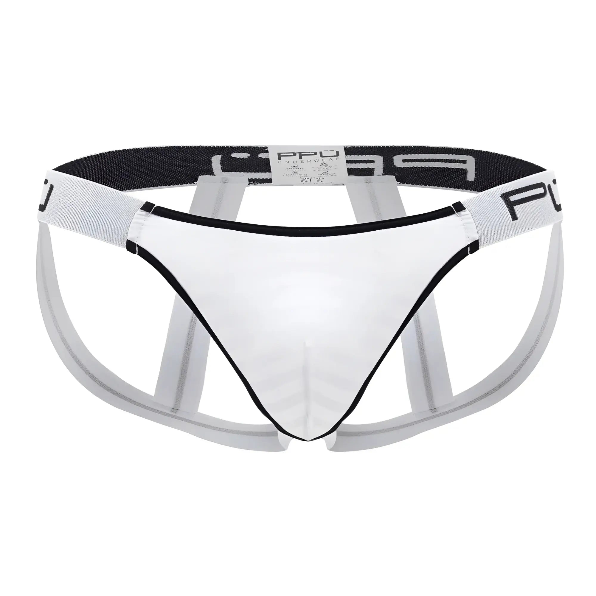 Clear transparent men’s microfiber briefs with black trim and white ppu logo waistband in white color ppu 2311 microfiber jockstrap