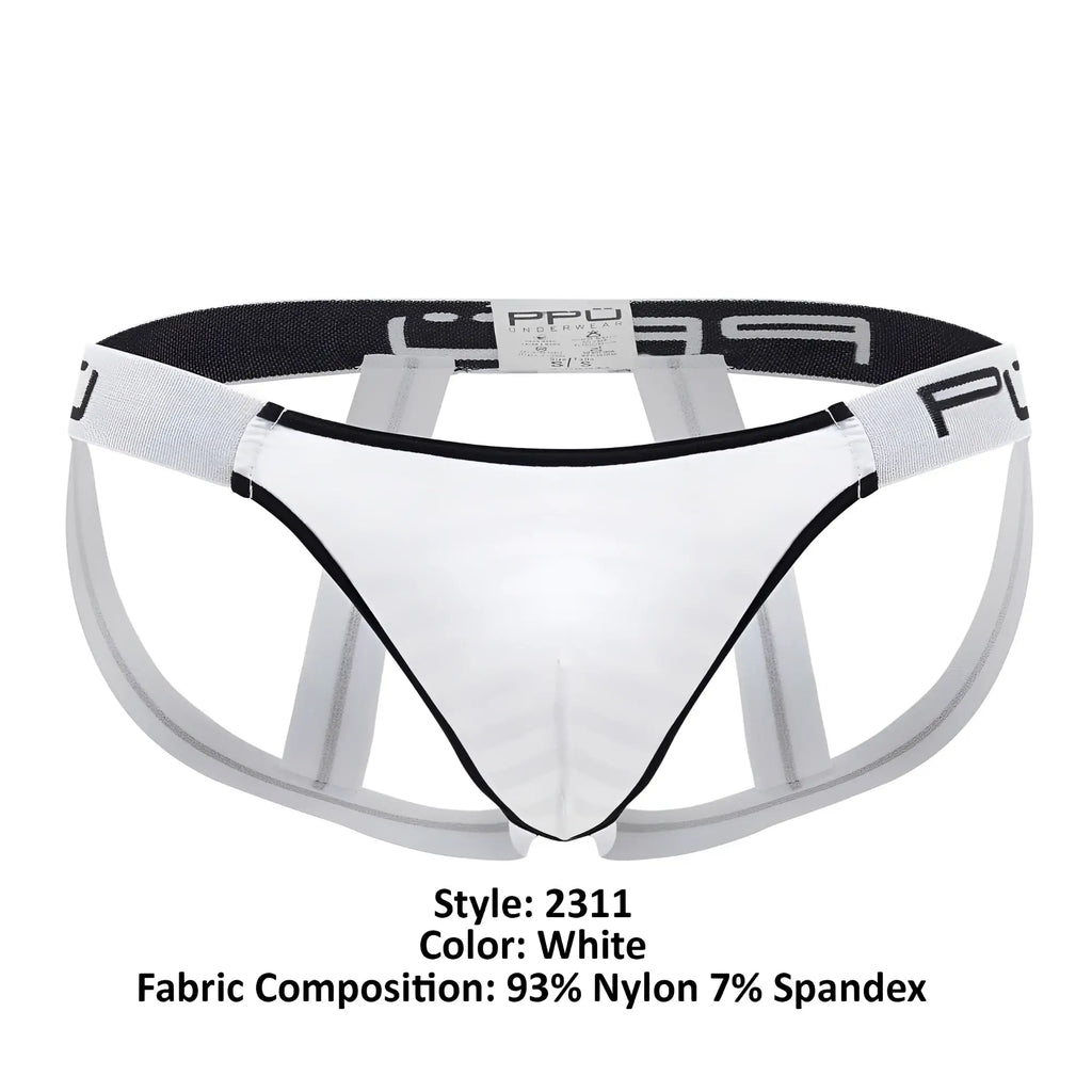 White microfiber men’s jockstrap with black trim and supportive open-back design ppu 2311