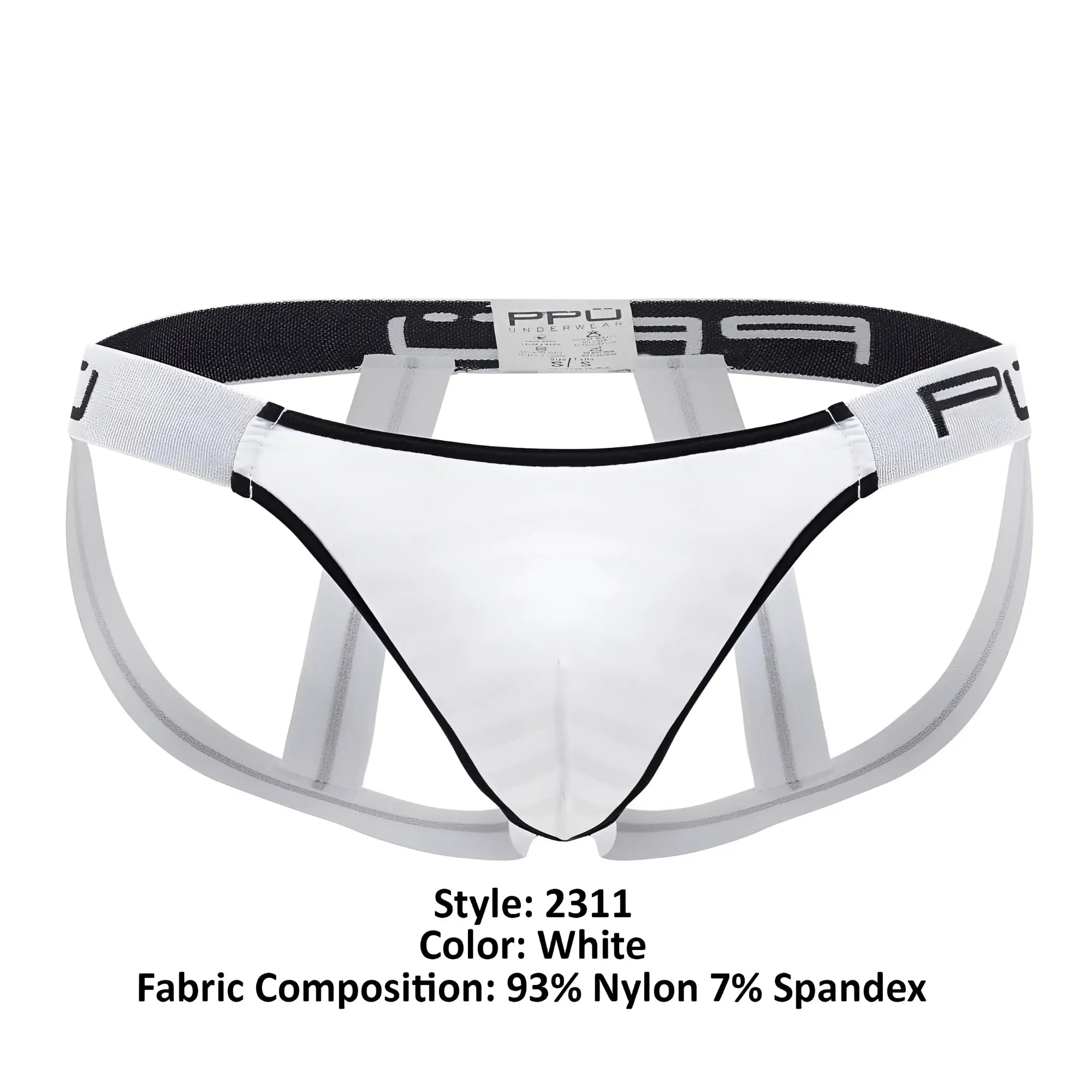 White microfiber men’s jockstrap with black trim and supportive open-back design ppu 2311