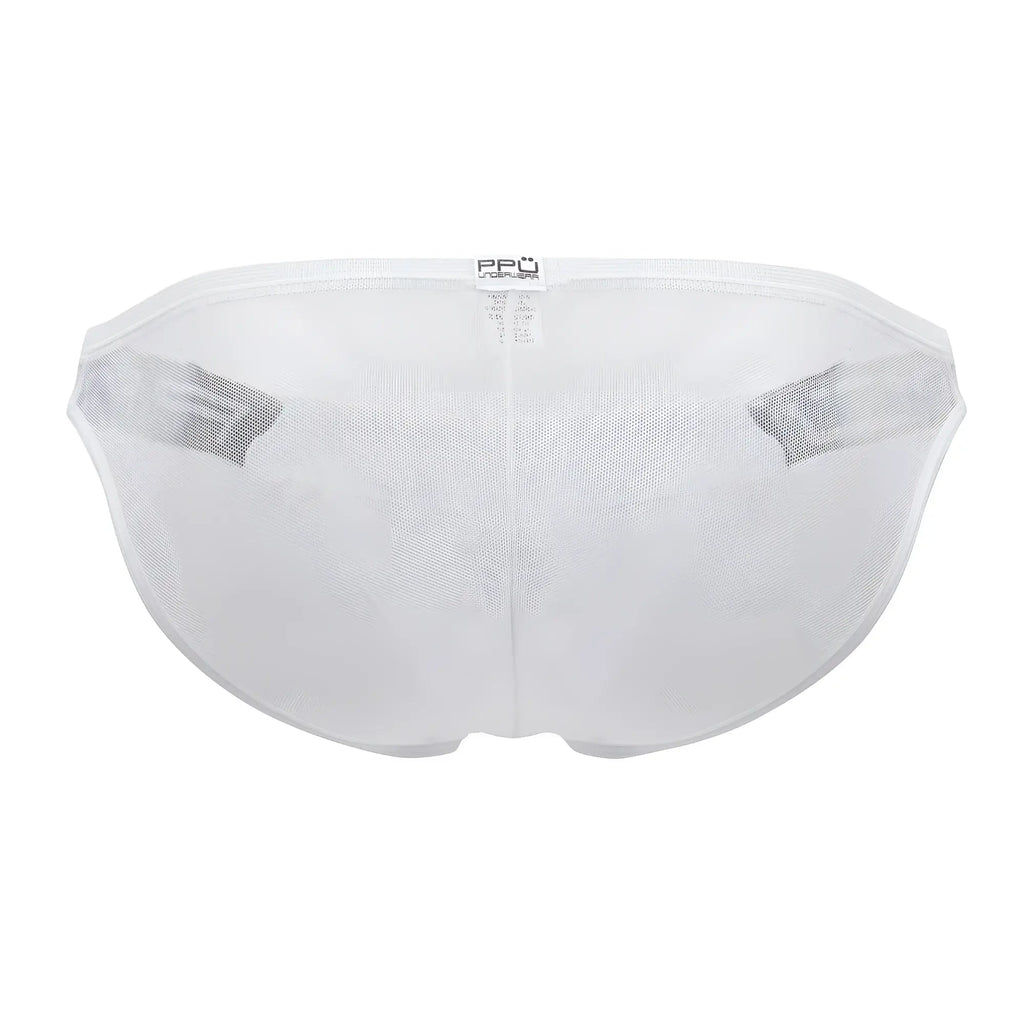 White mesh bikini briefs ppu 2312 with black elastic side bands and small brand tag on waistband