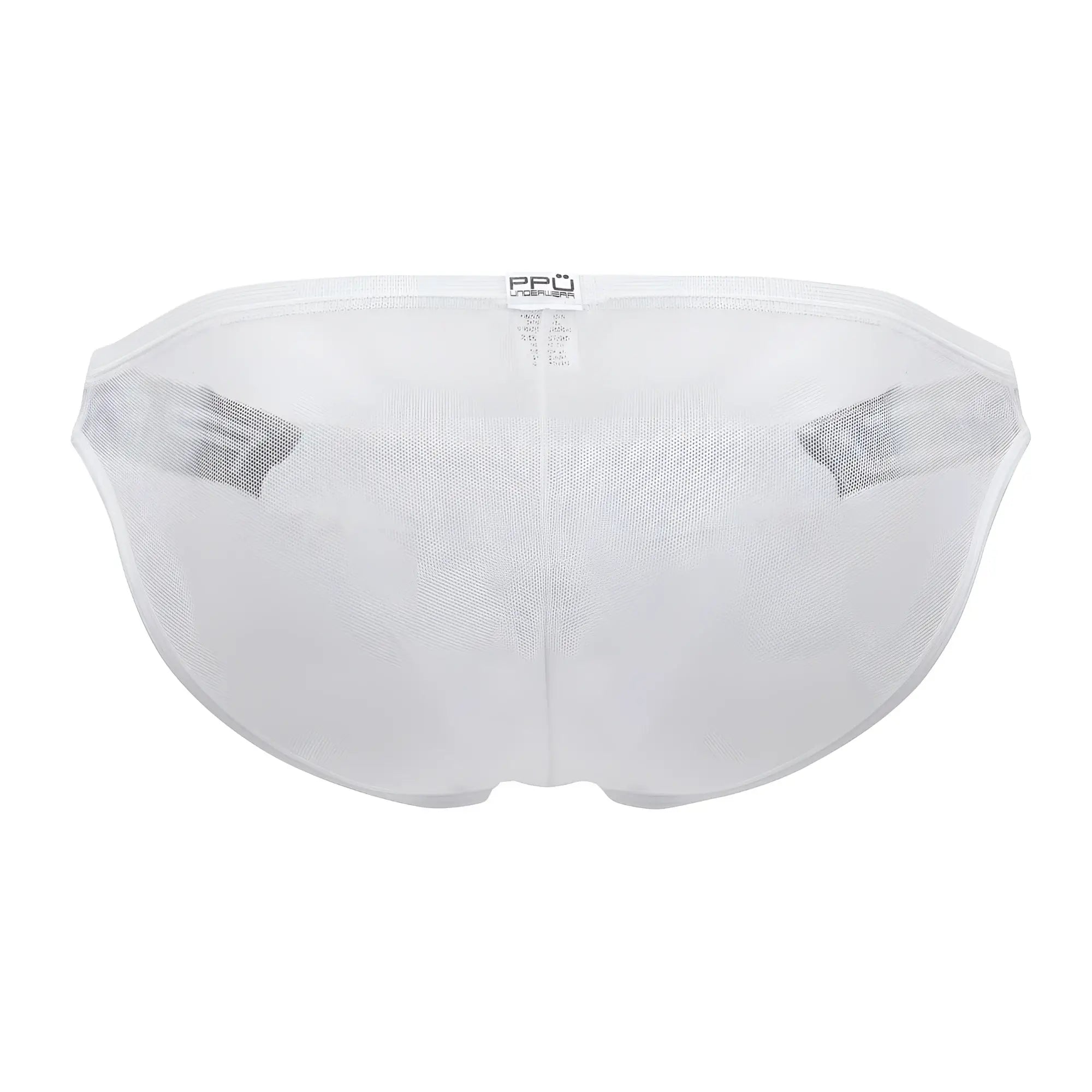 White mesh bikini briefs ppu 2312 with black elastic side bands and small brand tag on waistband