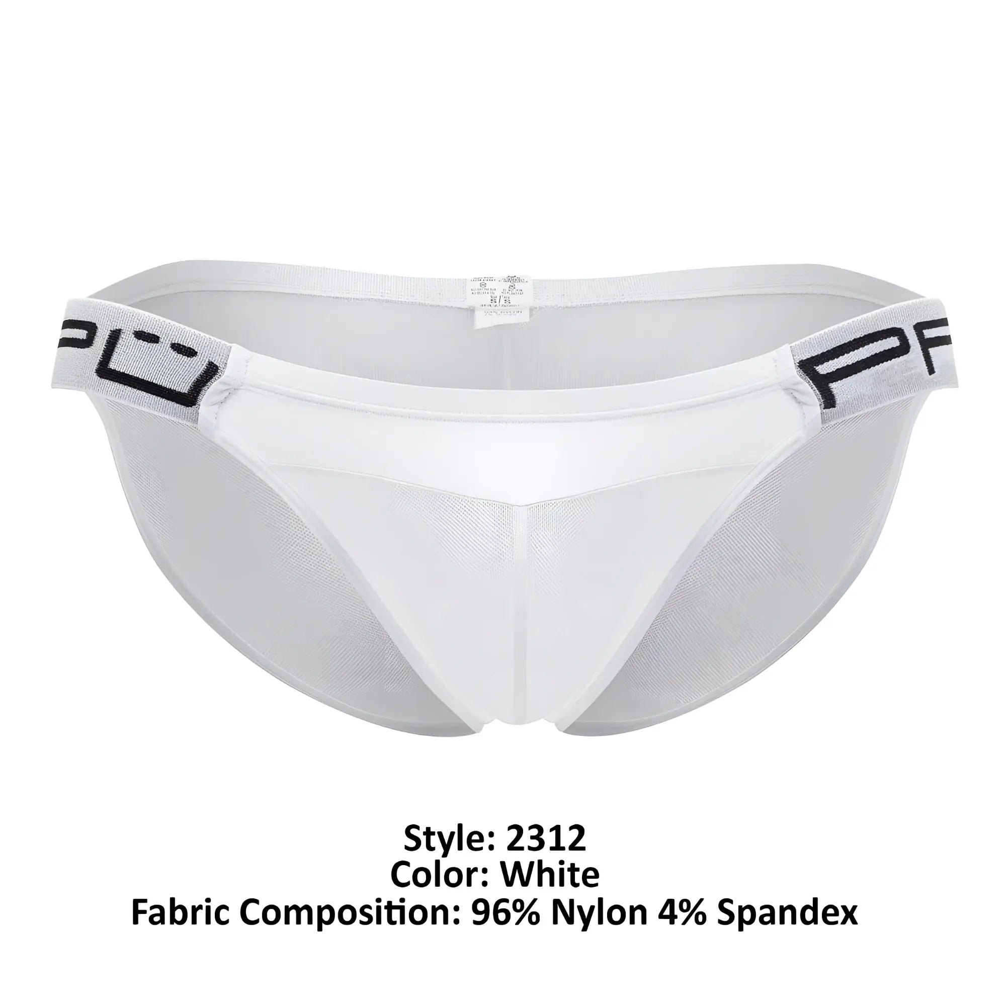 White mesh briefs with black logo waistband made of 96% nylon 4% spandex from PPU 2312 mesh bikini color white
