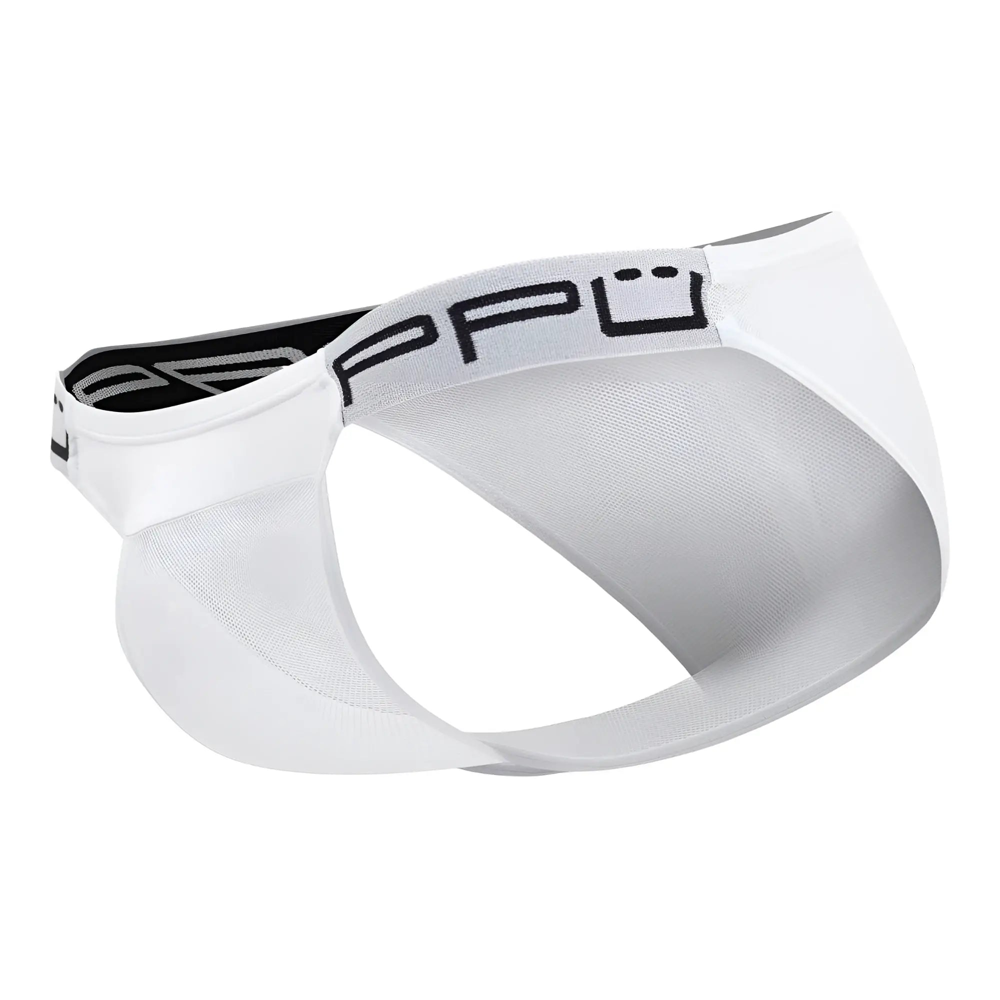 White men’s mesh bikini briefs in white with a black and gray branded ppu waistband model 2312