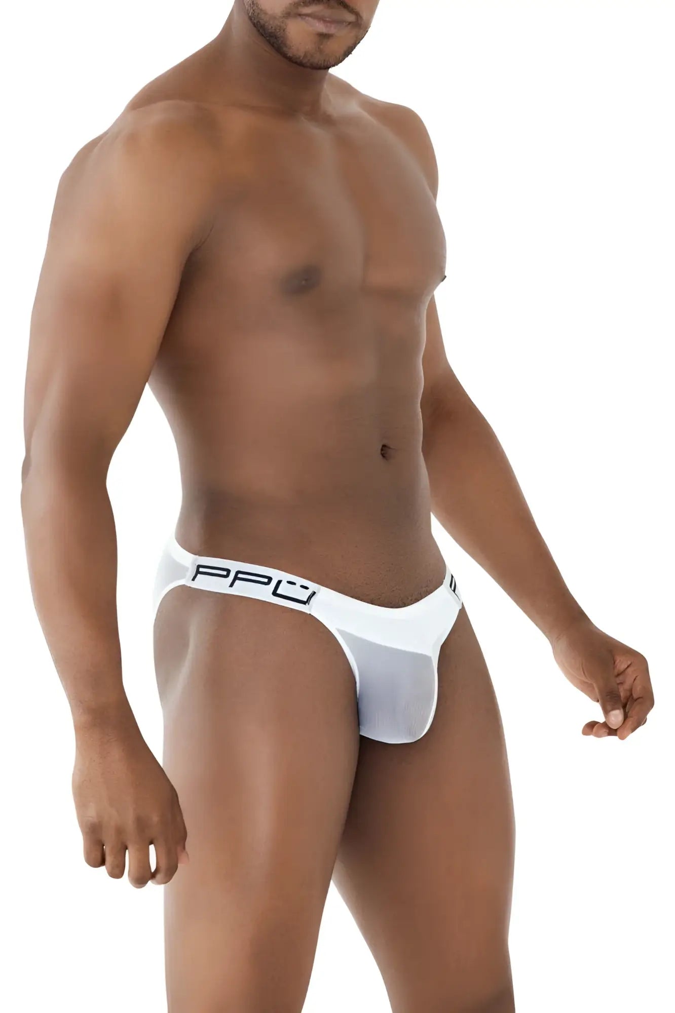 White men’s briefs ppu 2312 mesh bikini in white with black ppo logo on waistband breathable fabric