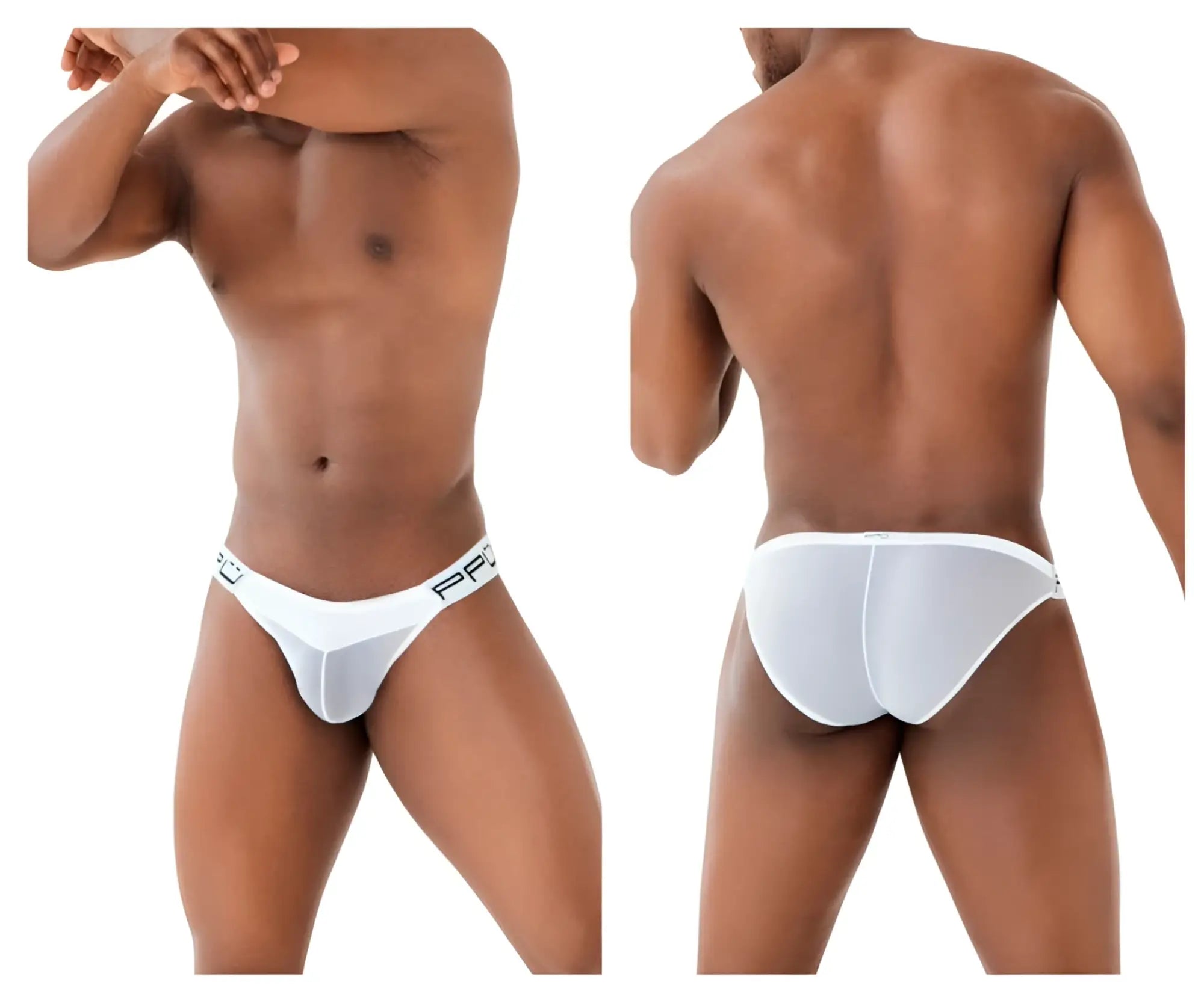White ppu 2312 mesh bikini briefs with snug fit elastic waistband featuring brand logo in white color