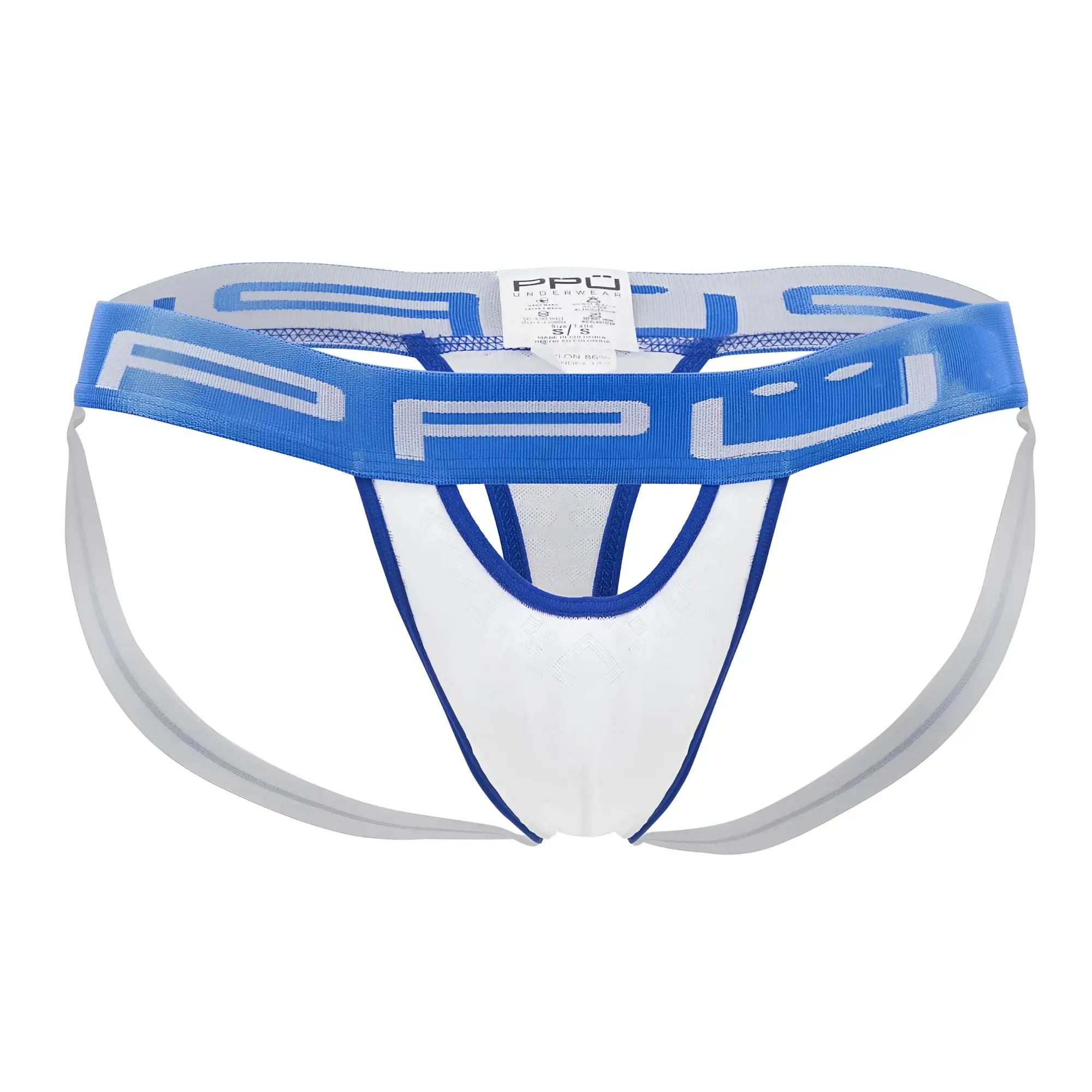 White and blue ppu 2313 peek-a-boo jockstrap with mesh design and branded waistband in athletic brief style