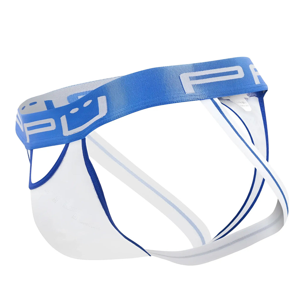 Ppu 2313 peek-a-boo jockstrap in white features blue and white athletic briefs with a branded elastic waistband