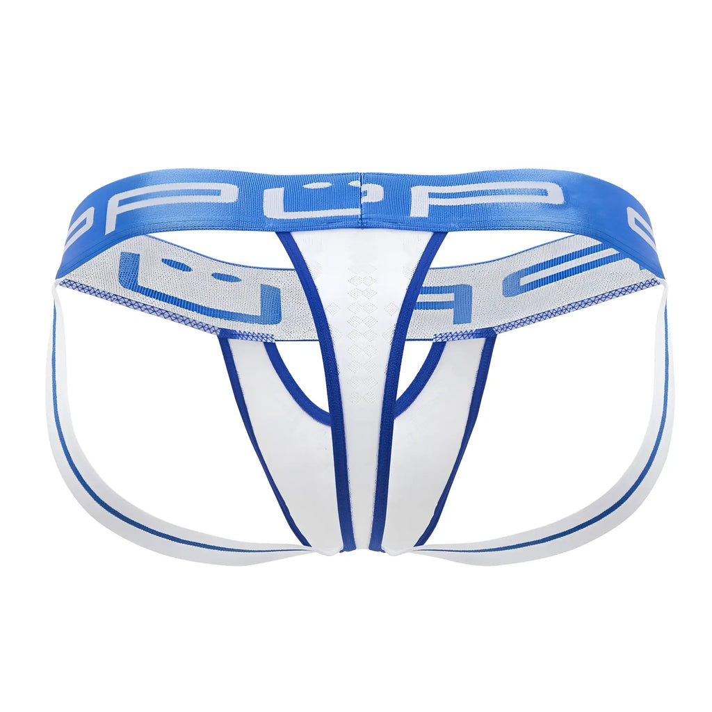 Ppu 2313 peek-a-boo jockstrap white with blue athletic-style briefs featuring a mesh panel and brand logo
