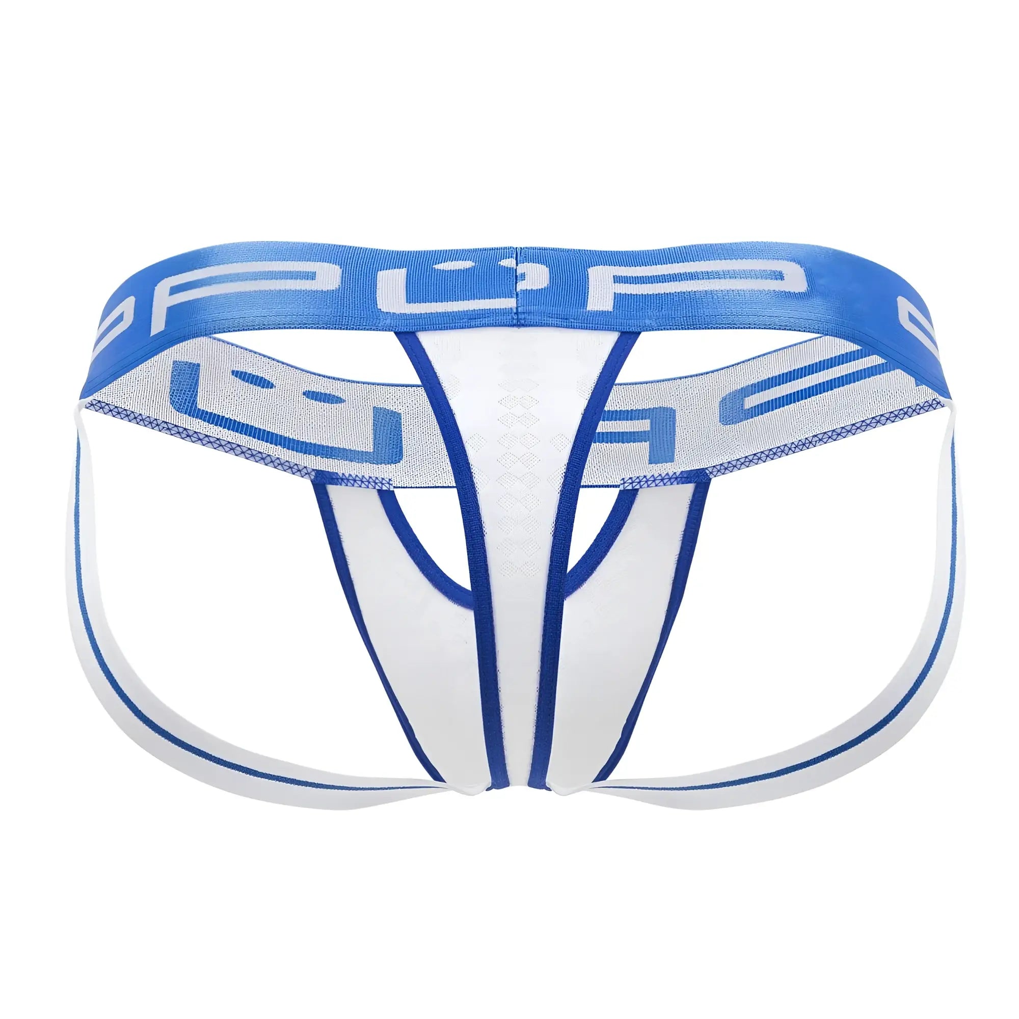 Ppu 2313 peek-a-boo jockstrap white with blue athletic-style briefs featuring a mesh panel and brand logo
